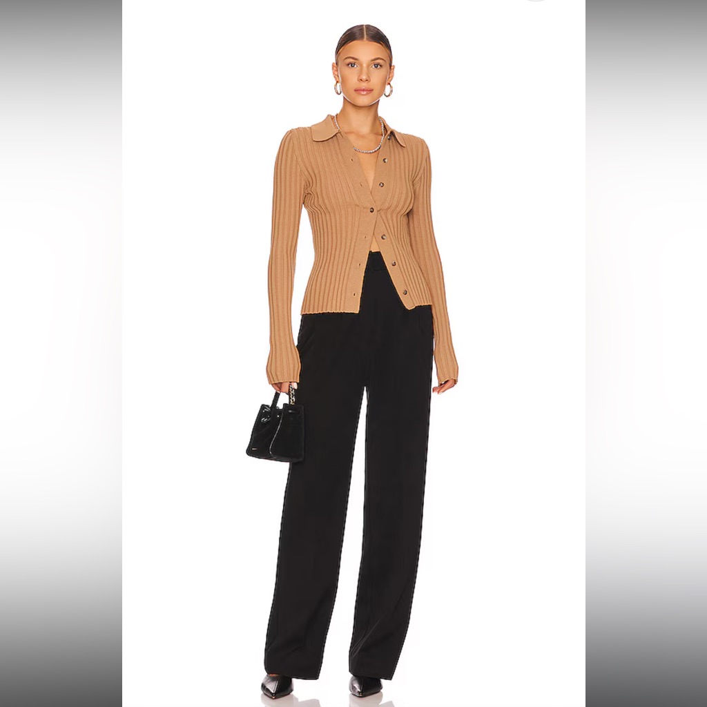 Favorite Daughter Ribbed Button-Up Cardigan In Camel With Black Trousers
